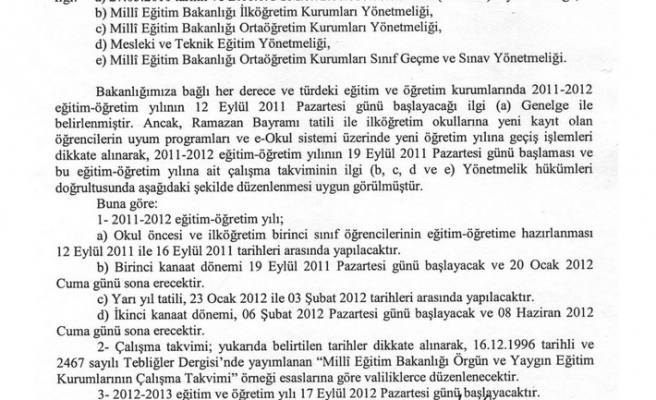 2011-2012 EĞİTİM - ÖĞRETİM YILI ÇALIŞMA TAKVİMİ 2011-30 GENELGE